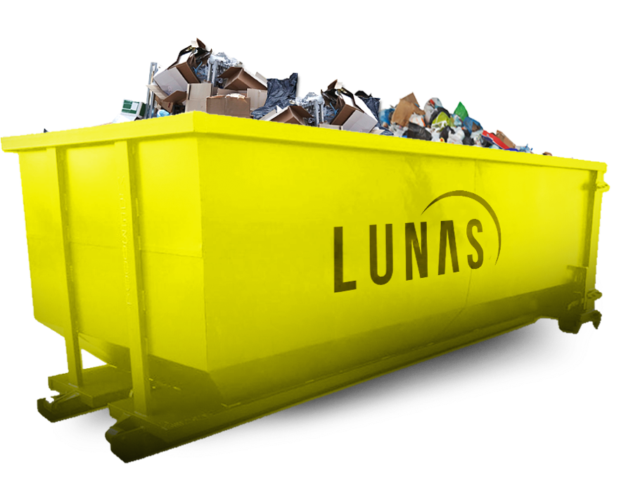 Yellow Lunas roll-off dumpster loaded with debris